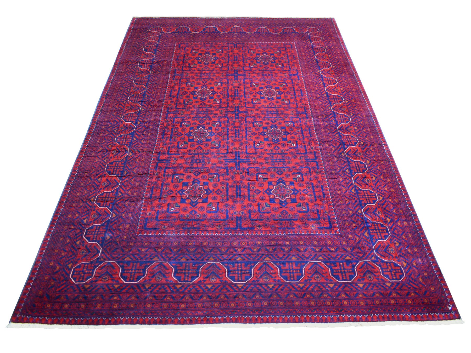 5'6"x8' Deep and Saturated Red, Afghan Khamyab with Geometric Design, Soft and Shiny Wool Hand Knotted, Oriental Rug HR71776