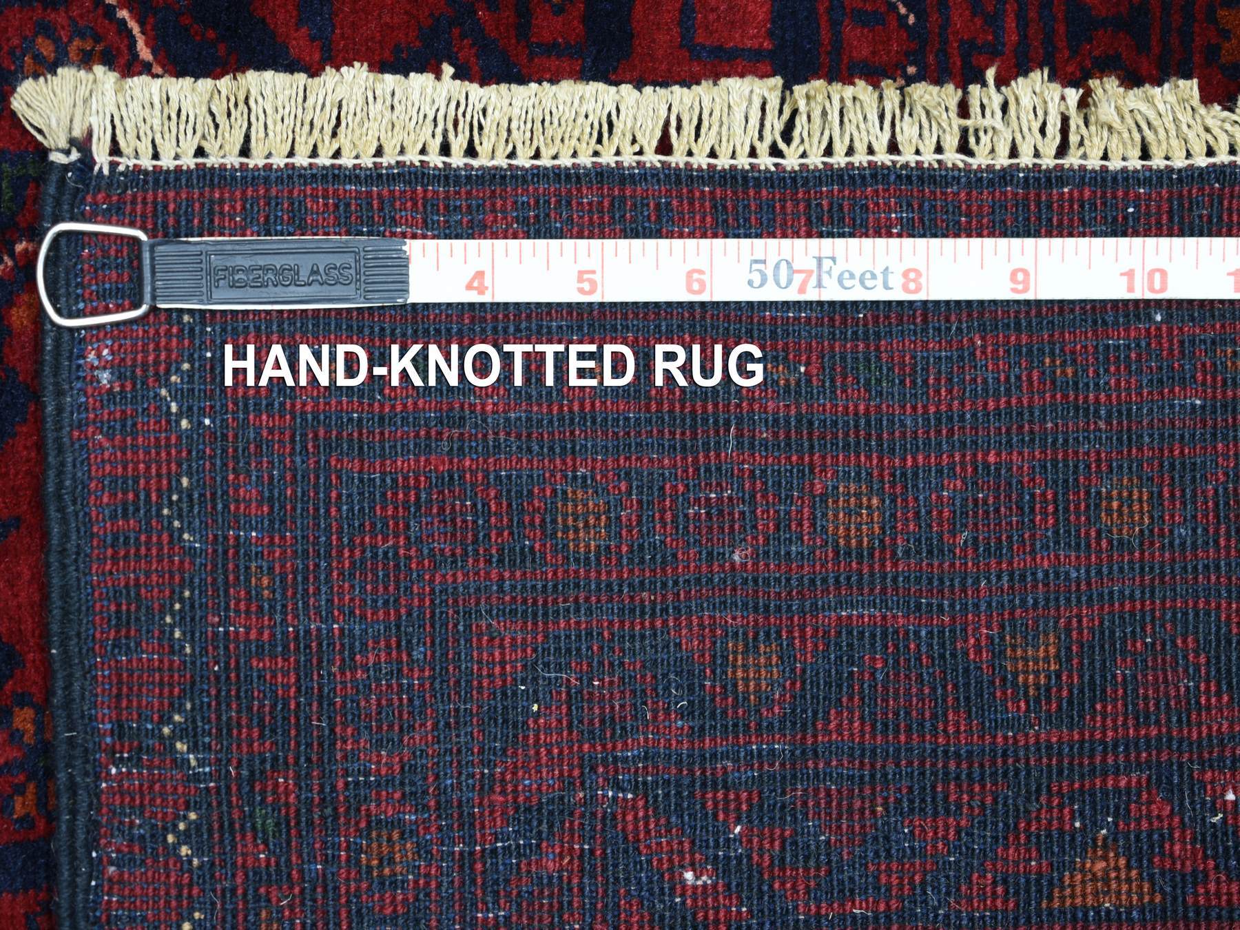 5'6"x8' Deep and Saturated Red, Afghan Khamyab with Geometric Design, Soft and Shiny Wool Hand Knotted, Oriental Rug HR71776 - Image 6