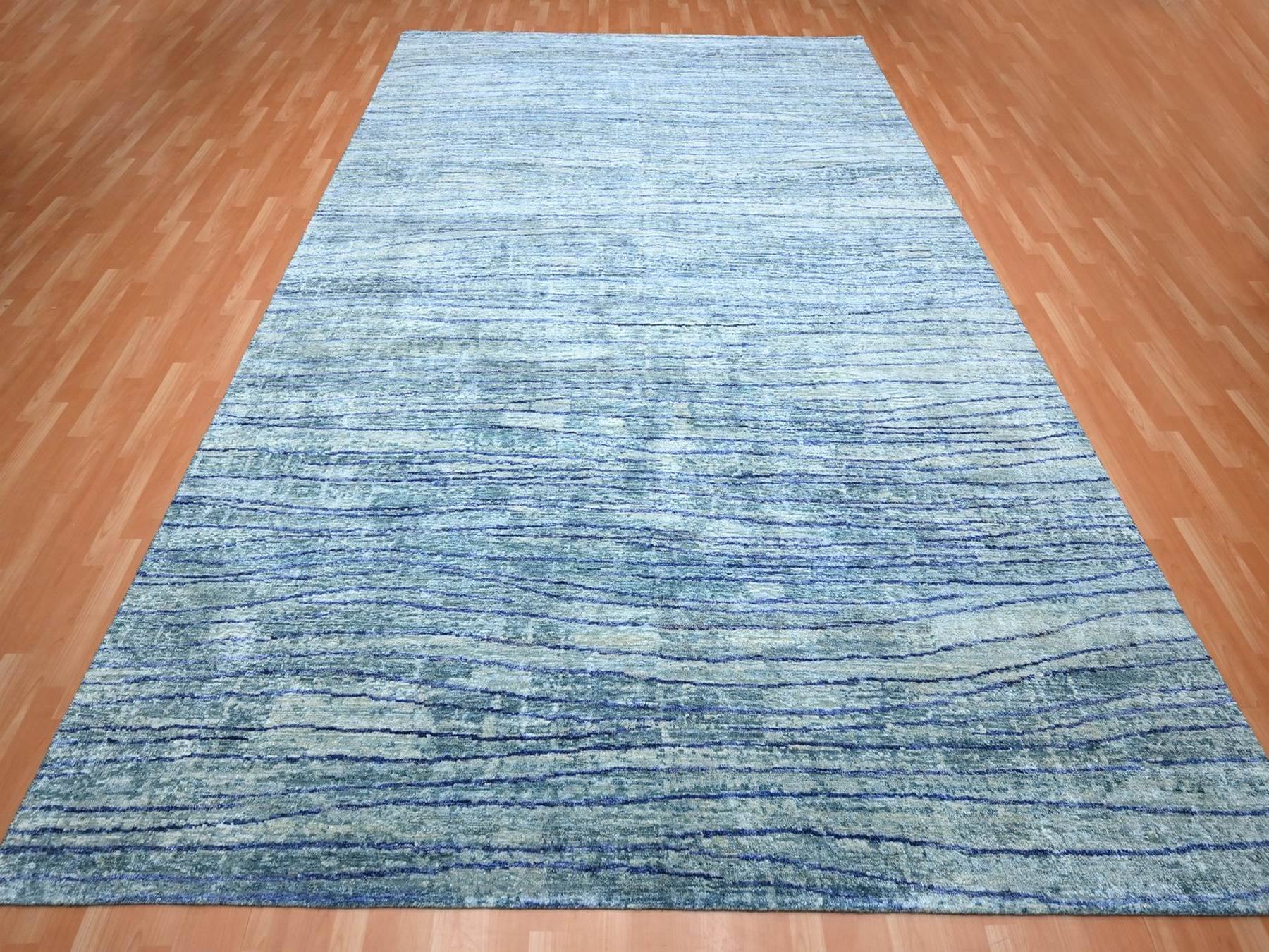 10'x14'2" Aqua Blue with a Mix of Teal, Wave Design, 100% Silk, Hand Knotted, Soft Pile, Oriental Rug HR75703 - Image 2