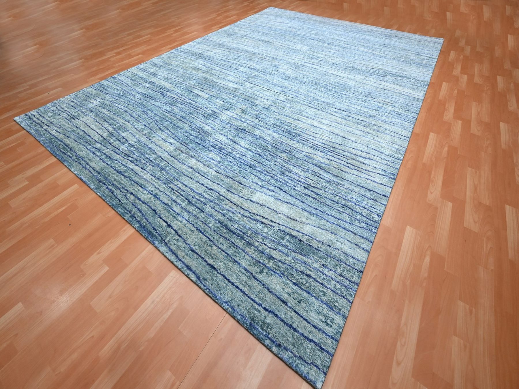10'x14'2" Aqua Blue with a Mix of Teal, Wave Design, 100% Silk, Hand Knotted, Soft Pile, Oriental Rug HR75703 - Image 3