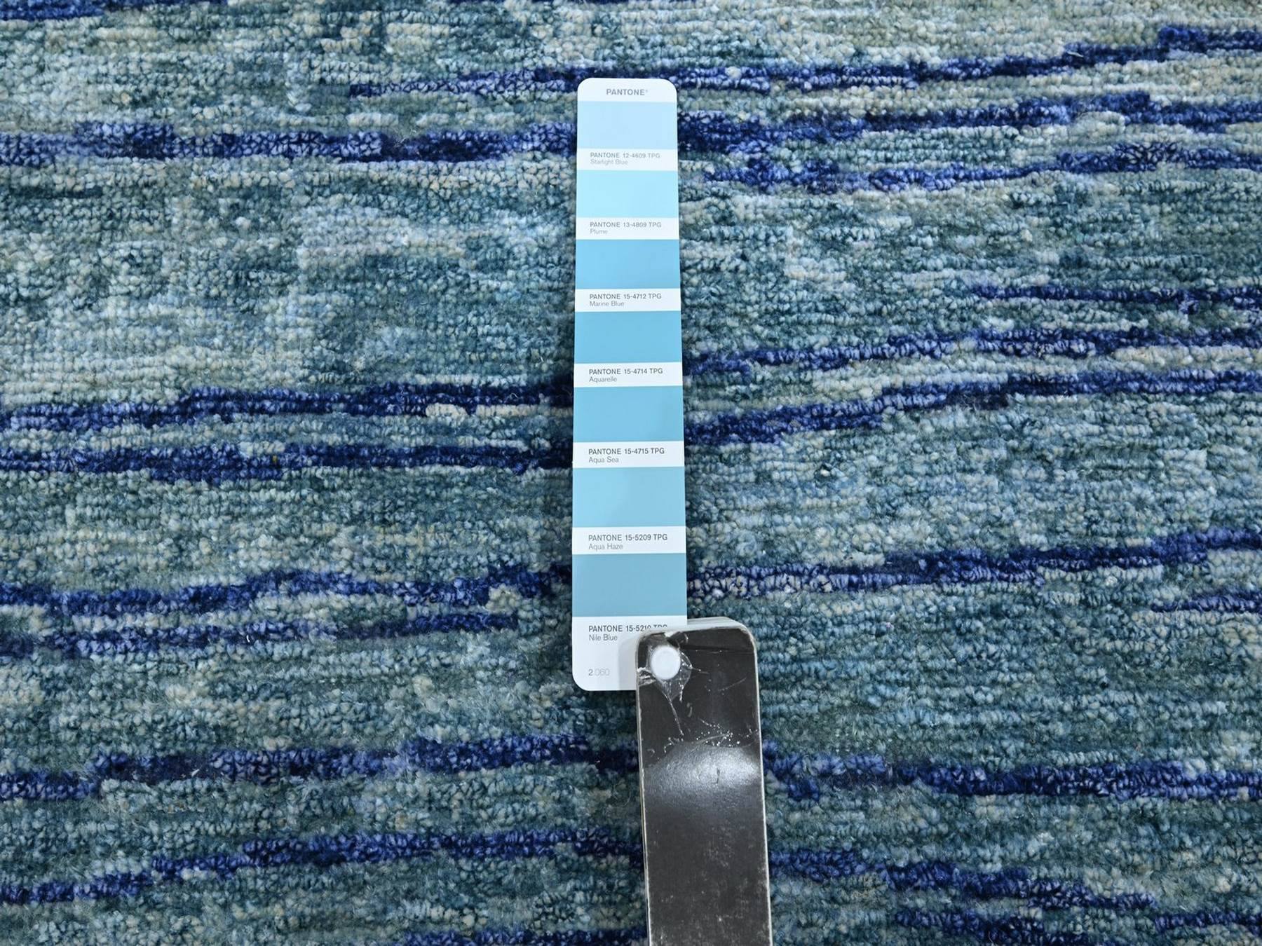 10'x14'2" Aqua Blue with a Mix of Teal, Wave Design, 100% Silk, Hand Knotted, Soft Pile, Oriental Rug HR75703 - Image 7