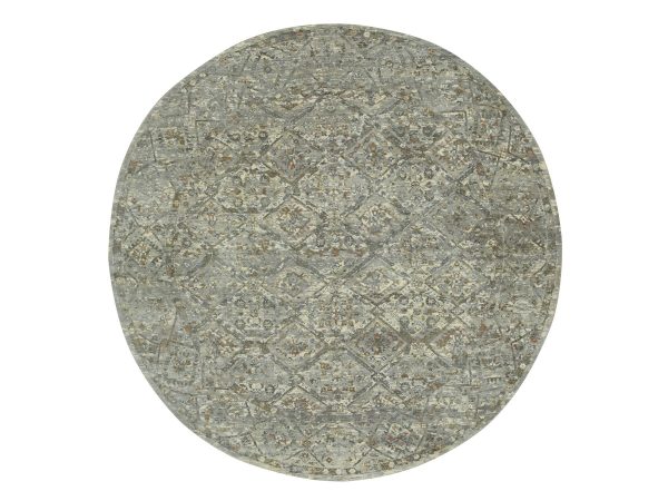 7'10"x7'10" Medium Gray, Zero Pile, Cropped Thin, Hand Knotted, Erased and Broken Garden Design, Natural Wool, Antique Finish, Round, Oriental Rug HR75743