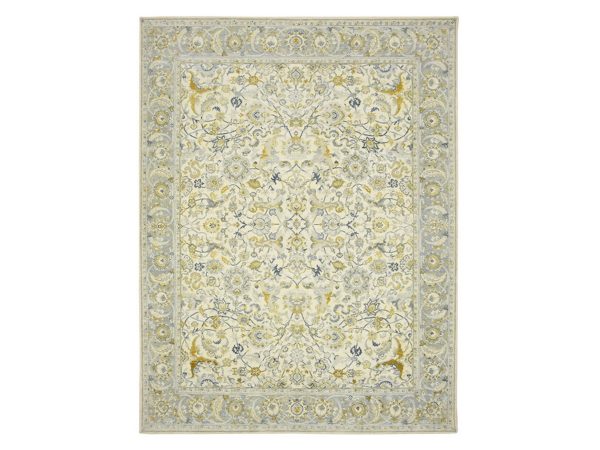 9'1"x12'1" Linen White, Hand Knotted, 17th Century Persian Esfahan Inspired with Polonaise Influence Design, Shaved Low, Distressed, 100% Wool, Oriental Rug HR75826