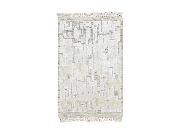 2'x3' Alabaster White, Modern, Hand Knotted, Pure Silk, Textured, Tone on Tone, Mat, Sample, Oriental Rug HR75878