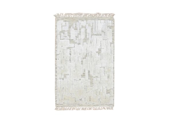2'x3' Alabaster White, Modern, Hand Knotted, Pure Silk, Textured, Tone on Tone, Sample, Mat, Oriental Rug HR75879
