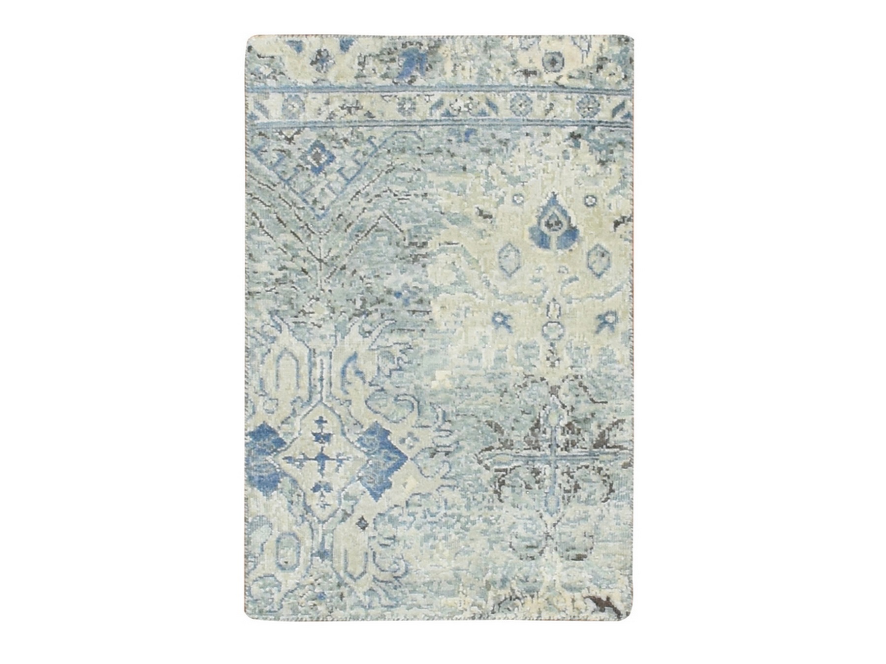 2'x3' Ivory and Blue, Oushak, Distressed, Pure Silk with Textured Wool, Hand Knotted, Mat, Sample, Oriental Rug HR75880