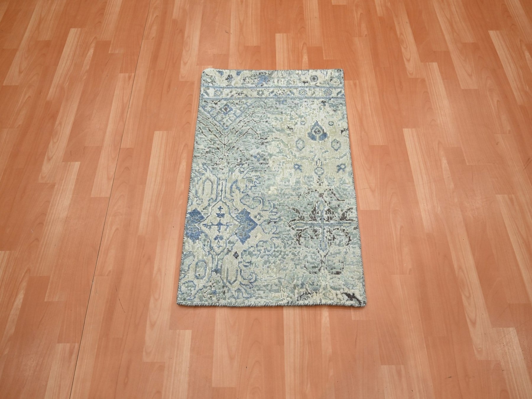 2'x3' Ivory and Blue, Oushak, Distressed, Pure Silk with Textured Wool, Hand Knotted, Mat, Sample, Oriental Rug HR75880 - Image 2
