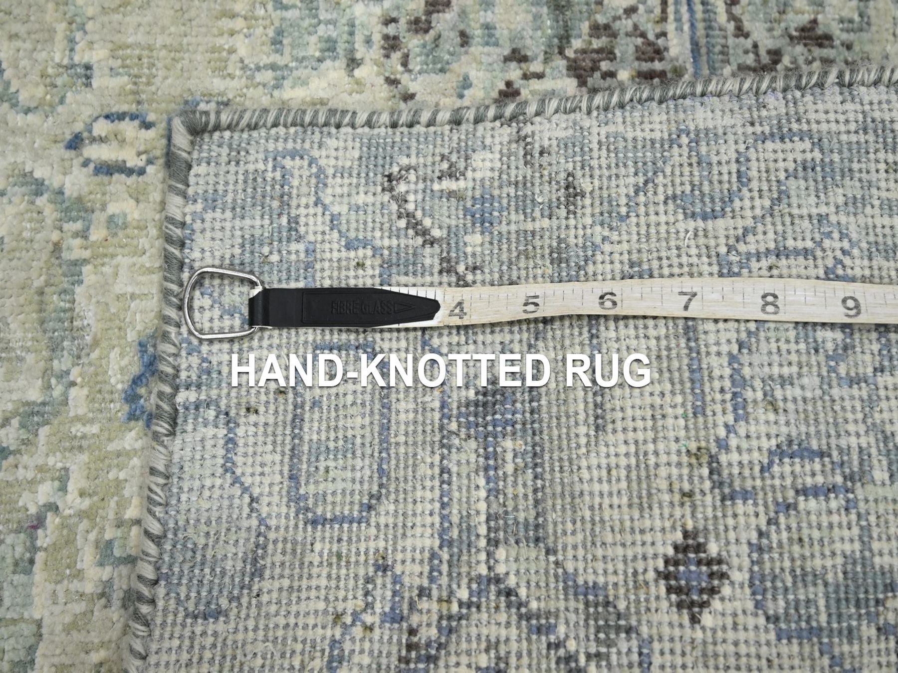 2'x3' Ivory and Blue, Oushak, Distressed, Pure Silk with Textured Wool, Hand Knotted, Mat, Sample, Oriental Rug HR75880 - Image 4