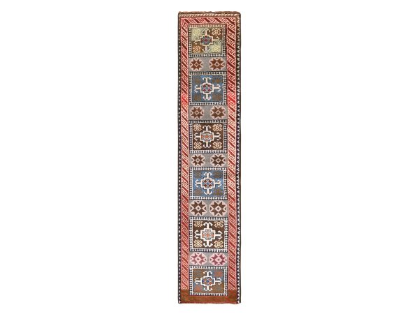 1'8"x8' Gray, Colorful Vintage Turkish Block Design, Narrow Runner, Full Pile, Clean, 100% Wool, Hand Knotted, Oriental Rug HR78591