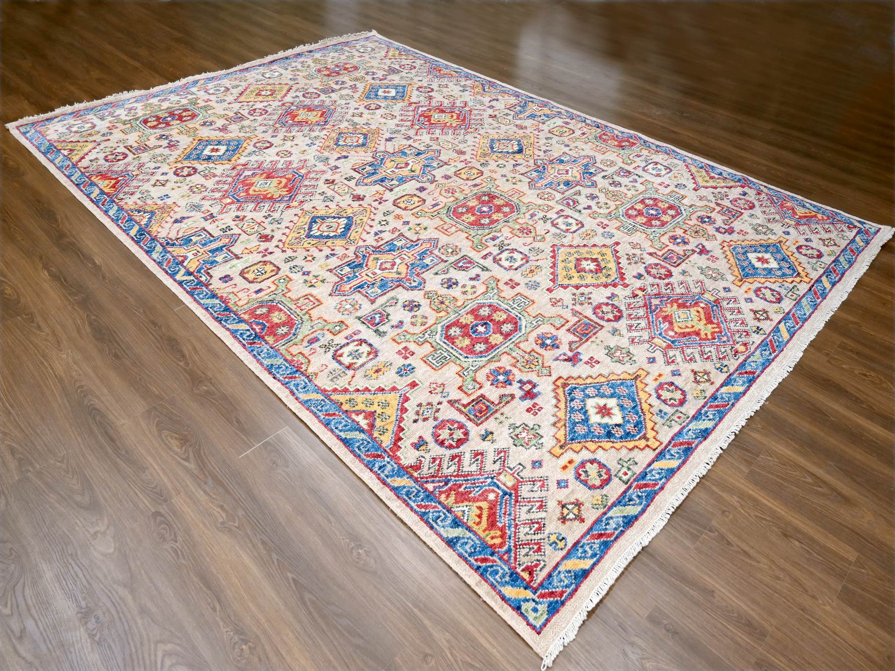 9'10"x13'10" Camel with Navy Blue, Vegetable Dyes, Karajeh Heriz Geometric Design, Thick and Plush, Natural Wool, Supple Collection, Hand Knotted, Oversize Oriental Rug HR84399 - Image 3