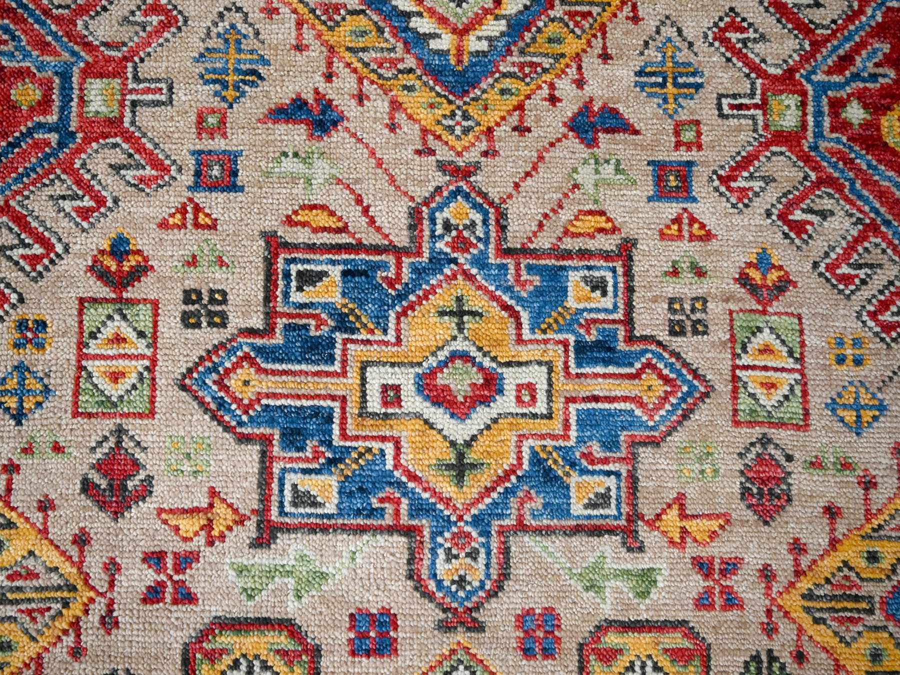 9'10"x13'10" Camel with Navy Blue, Vegetable Dyes, Karajeh Heriz Geometric Design, Thick and Plush, Natural Wool, Supple Collection, Hand Knotted, Oversize Oriental Rug HR84399 - Image 8