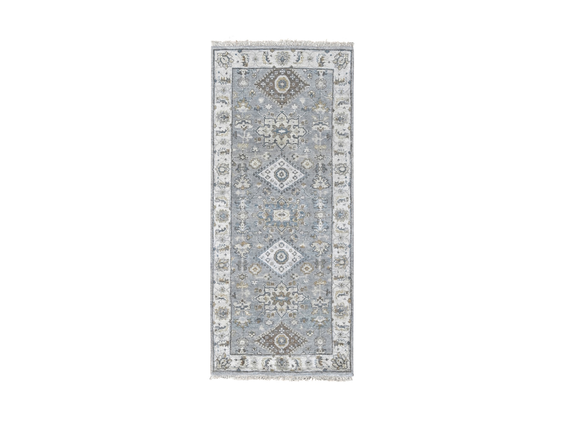 2'7"x6' Misty Gray, Ivory Border, Hand Knotted, Natural Dyes, Karajeh Design With Geometric Pattern, Shiny Wool, Oriental Runner Rug HR84908