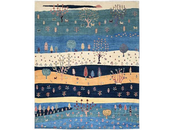 8'x9'7" Legion Blue, Scenery Gabbeh With Small Animal Figurines, Hand Knotted Thick and Plush, 100% Wool Oriental Rug HR86214