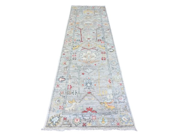 3'1"x10'6" Mercedes Benz Gray, Vegetable Dyes, Pure Wool, Hand Knotted Afghan Angora Oushak with Geometric Medallions Design, Runner Oriental Rug HR88149