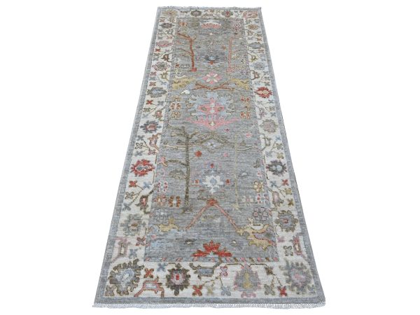 3'x8' Spanish Gray, Vegetable Dyes With Soft Wool Weft, Hand Knotted Angora Oushak, Vibrant And Colorful Rural All Over Motifs Design, Afghan Runner Oriental Rug HR89460
