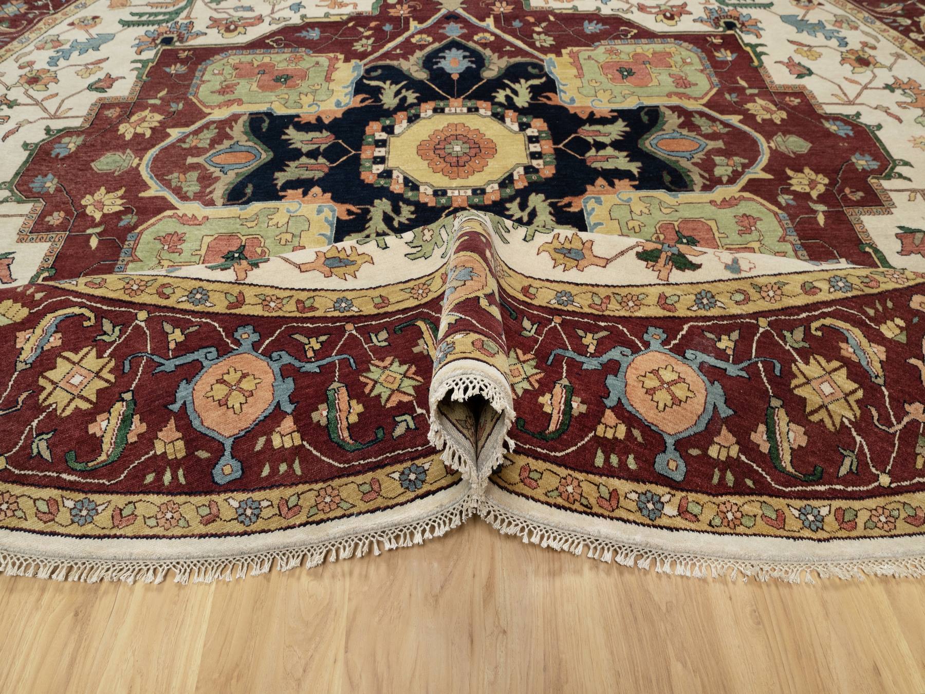 12'x12' Parchment White and Brick Red Border, Antiqued Fine Heriz Re-Creation with Medallion Design, Thick and Plush, Hand Spun New Zealand Wool, Hand Knotted, Round, Oriental Rug HR90739 - Image 5