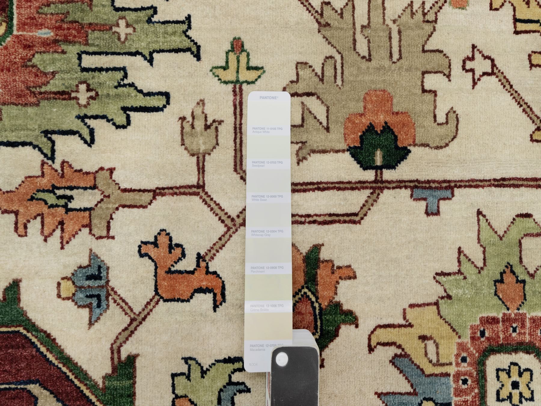 12'x12' Parchment White and Brick Red Border, Antiqued Fine Heriz Re-Creation with Medallion Design, Thick and Plush, Hand Spun New Zealand Wool, Hand Knotted, Round, Oriental Rug HR90739 - Image 7