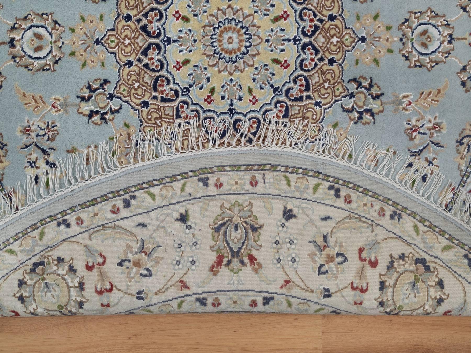5'3"x5'3" Stone Blue, Nain with Flower Medallion Design, Hand Knotted, Soft Pile, Wool and Silk, Round, Oriental Rug HR92030 - Image 3