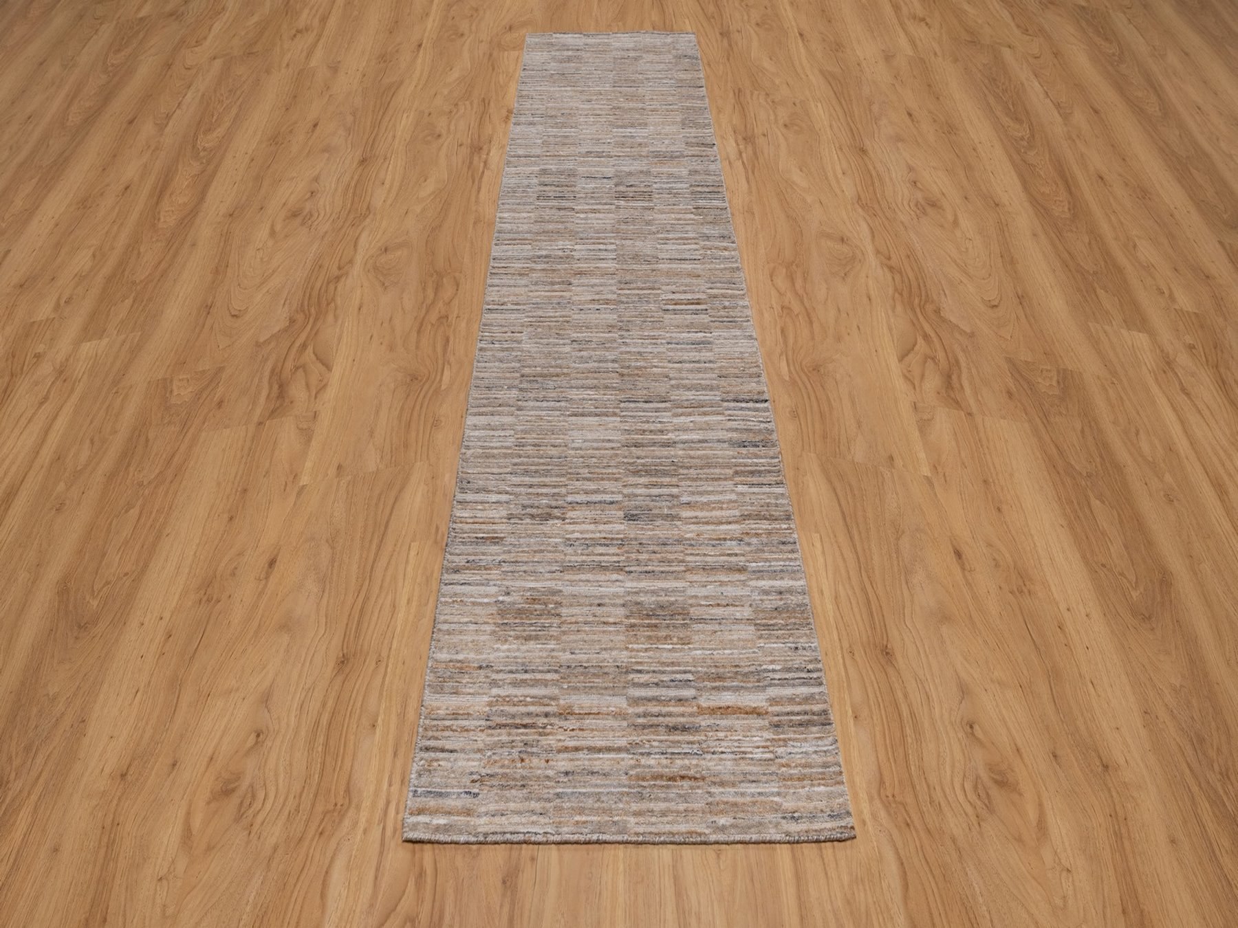 2'7"x12' Beaver Brown, Natural Wool, Modern Grid Pattern, Textured, Hand Loomed, Runner, Oriental Rug HR92206 - Image 2