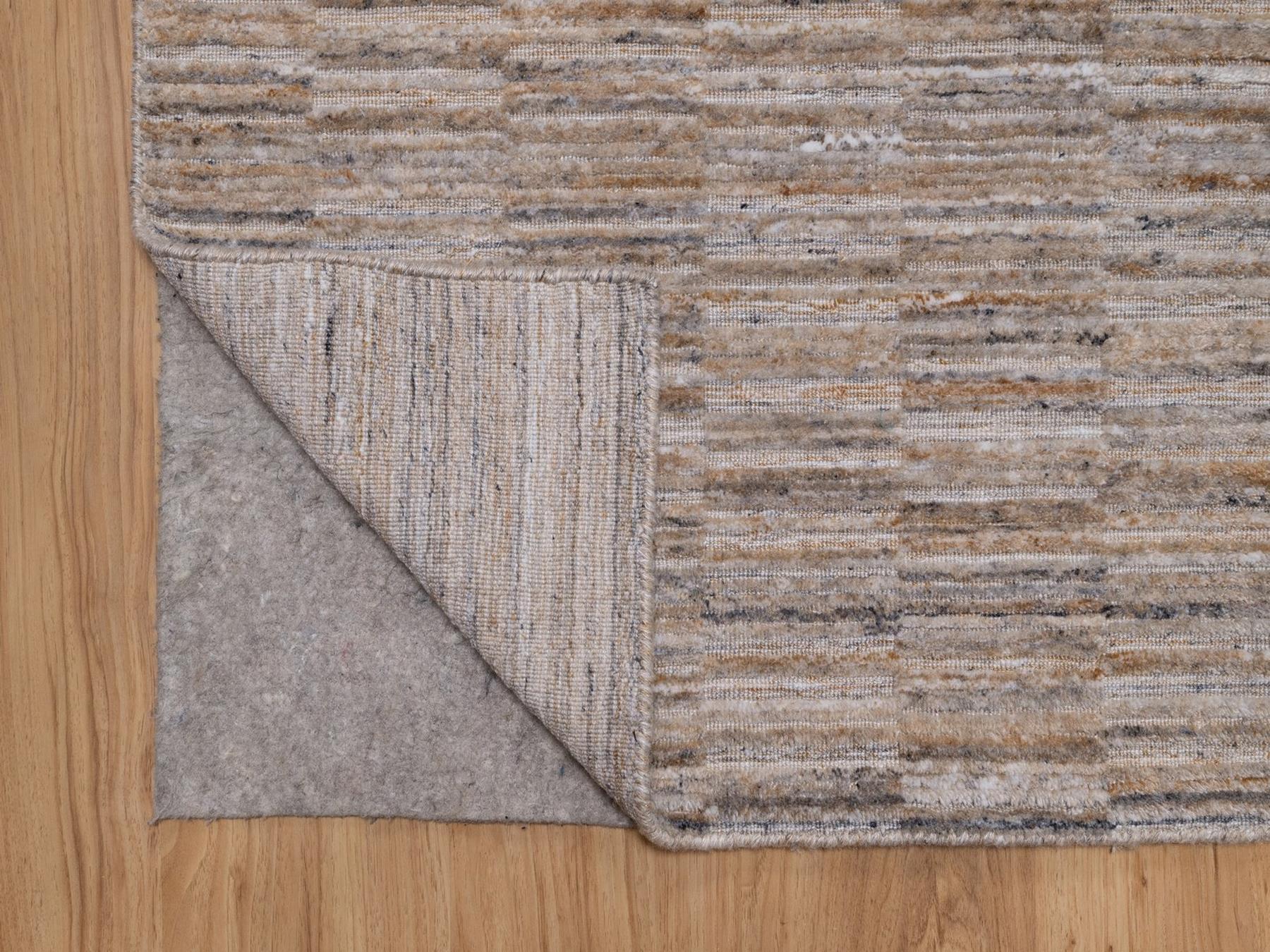 2'7"x12' Beaver Brown, Natural Wool, Modern Grid Pattern, Textured, Hand Loomed, Runner, Oriental Rug HR92206 - Image 3