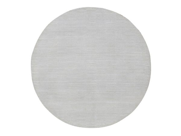 5'x5' Daisy White, Hand Loomed, Pure Wool, Plain Modern Striae Design, Tone on Tone, Soft to the Touch, Round, Oriental Rug HR92221