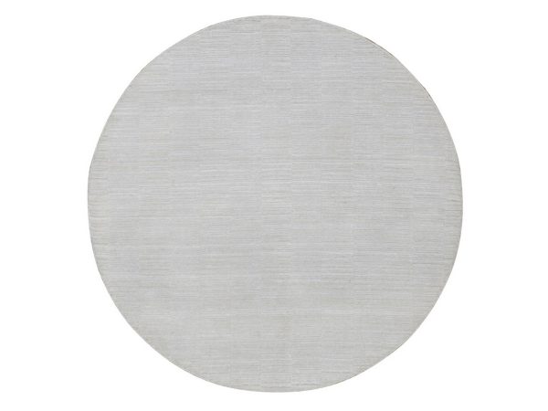 5'x5' Daisy White, Pure Wool, Hand Loomed, Plain Modern Striae Design, Tone on Tone, Soft to the Touch, Round, Oriental Rug HR92222