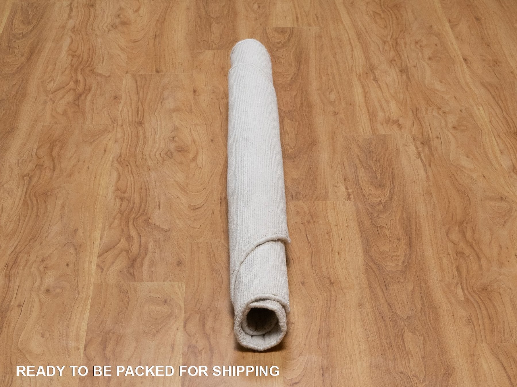 5'x5' Daisy White, Pure Wool, Hand Loomed, Plain Modern Striae Design, Tone on Tone, Soft to the Touch, Round, Oriental Rug HR92222 - Image 6