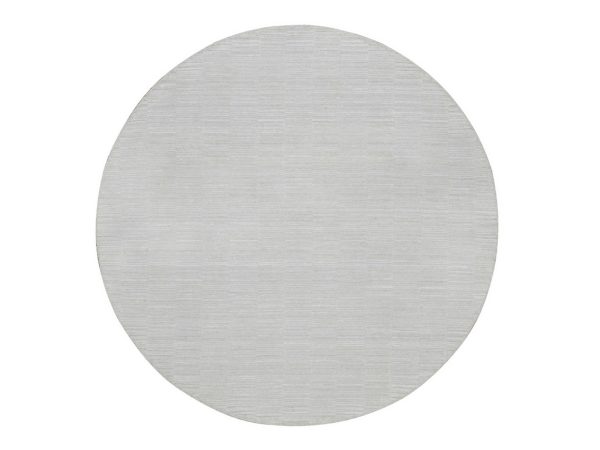 6'x6' Daisy White, Hand Loomed, Plain Modern Striae Design, Tone on Tone, Soft to the Touch, Pure Wool, Round, Oriental Rug HR92223