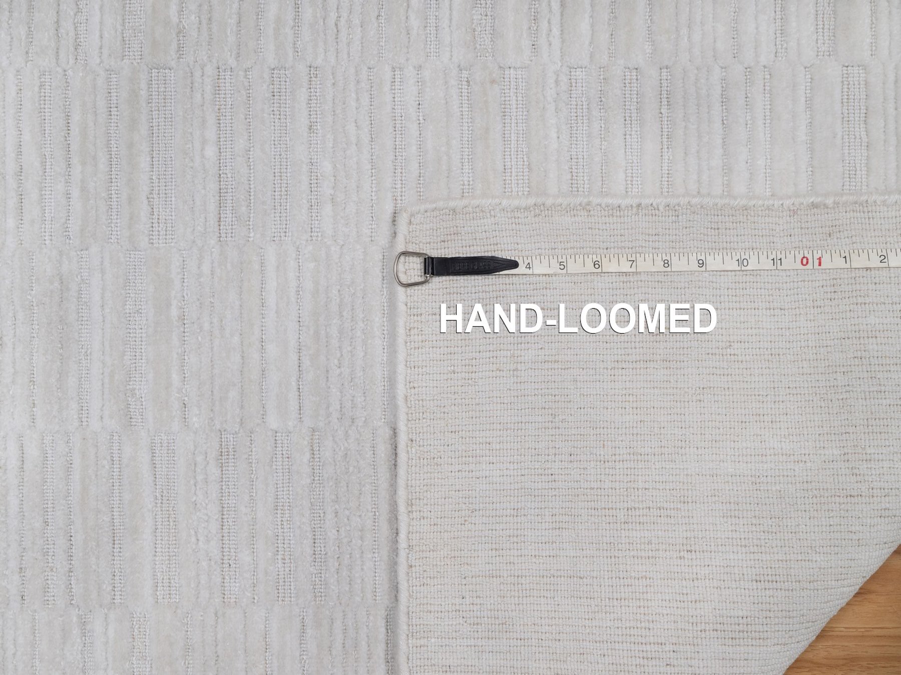 2'6"x12' Daisy White, Hand Loomed, Plain Modern Striae Design, Tone on Tone, Soft to the Touch, Pure Wool, Runner, Oriental Rug HR92224 - Image 8