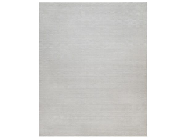 12'1"x15' Daisy White, Hand Loomed, Plain Modern Striae Design, Tone on Tone, Soft to the Touch, Pure Wool, Oversized, XL, Oriental Rug HR92227