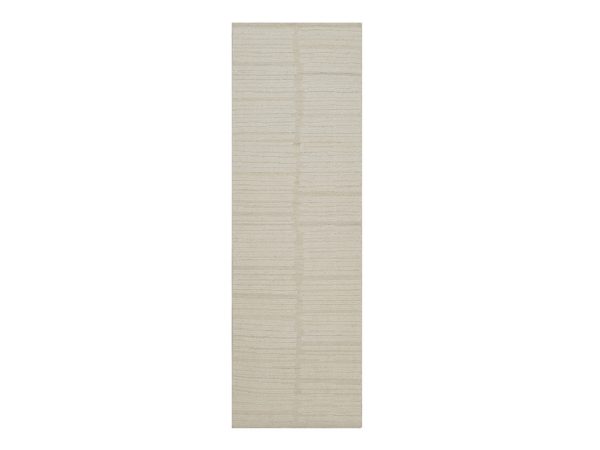 2'6"x8' Lace White, Hand Knotted, Modern, Piled Flat Weave, Tone on Tone, Textured, Undyed Natural Wool, Runner, Oriental Rug HR92251