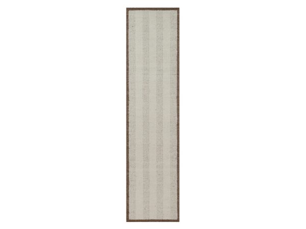 2'5"x10' Winter White, Textured, Modern, Vertical Stripes Design, Piled Flat Weave, Tone on Tone, Hand Knotted, Undyed Natural Wool, Runner, Oriental Rug HR92262