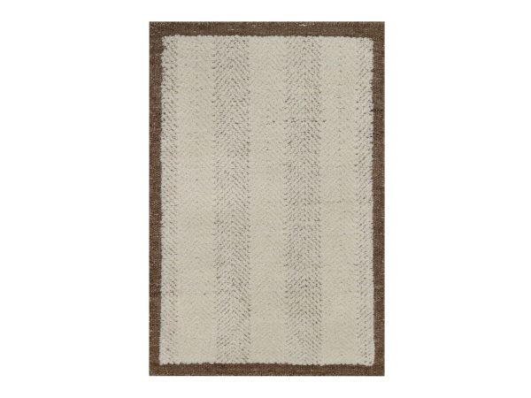 2'1"x3' Winter White, Modern, Hand Knotted, Vertical Stripes Design, Piled Flat Weave, Tone on Tone, Textured, Undyed Natural Wool, Mat, Sample, Oriental Rug HR92286