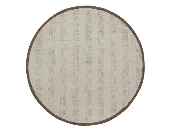6'x6' Winter White, Modern, Vertical Stripes Design, Piled Flat Weave, Tone on Tone, Textured, Hand Knotted, Undyed Natural Wool, Round, Oriental Rug HR92312