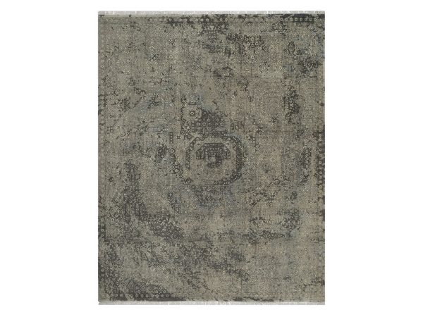 7'10"x10' Stone Gray, Erased and Broken Mamluk Design, Hand Knotted, 100% Wool, Densely Woven, Oriental Rug HR92331