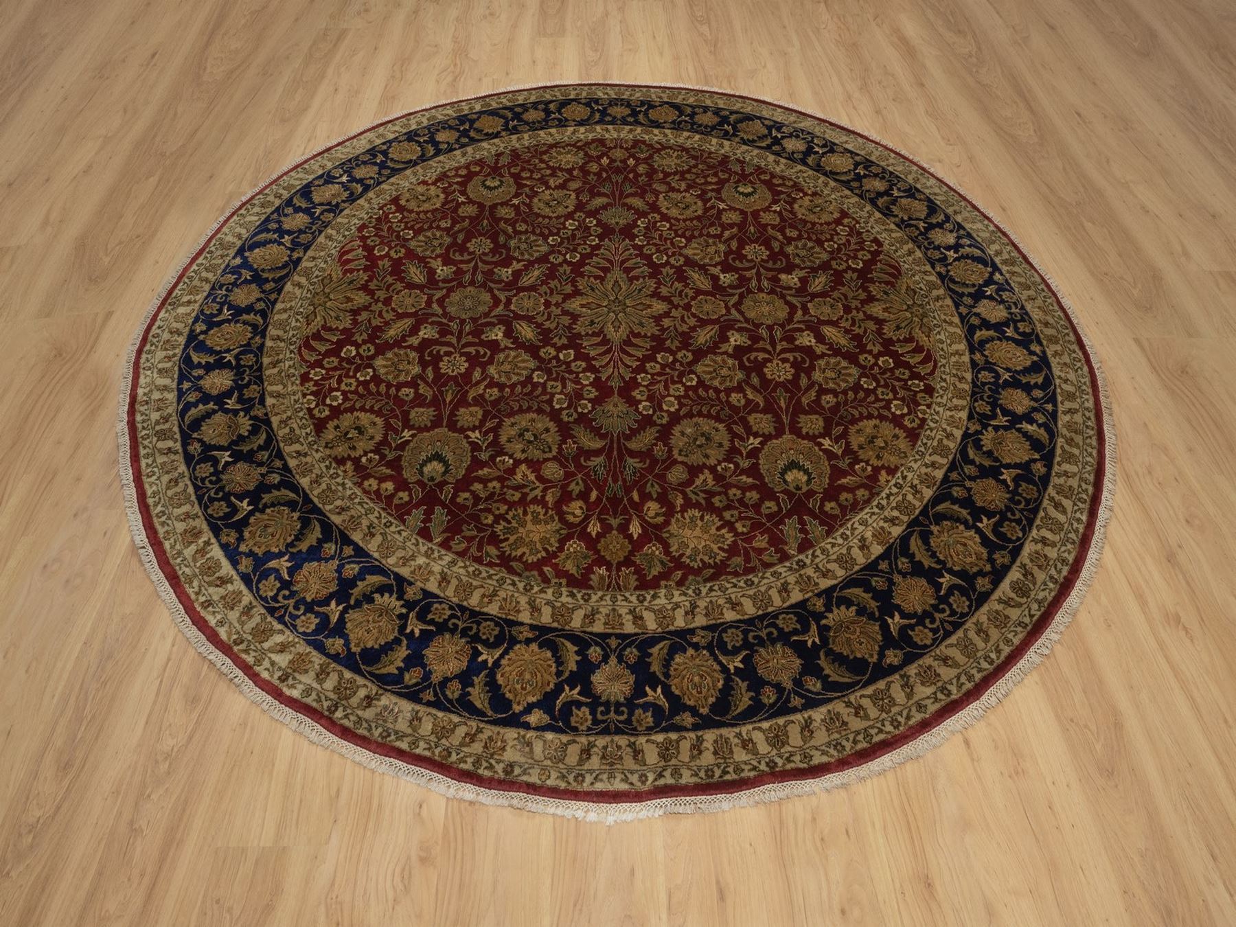 8'9"x8'9" Syrah Red, Wool and Silk, Persian Kashan Design, 300 KPSI, Hand Knotted, Round, Oriental Rug HR92338 - Image 2