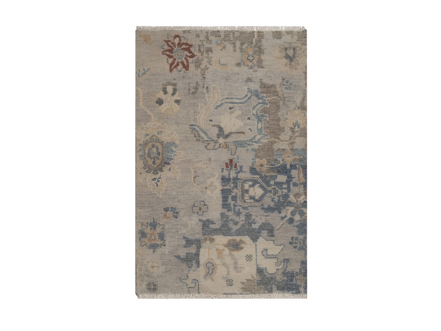 2'x3' Dove Gray, Borderless Oushak with Leaf Design, Hand Knotted, 100% Wool, Shaved Low, Mat, Sample, Oriental Rug HR92345
