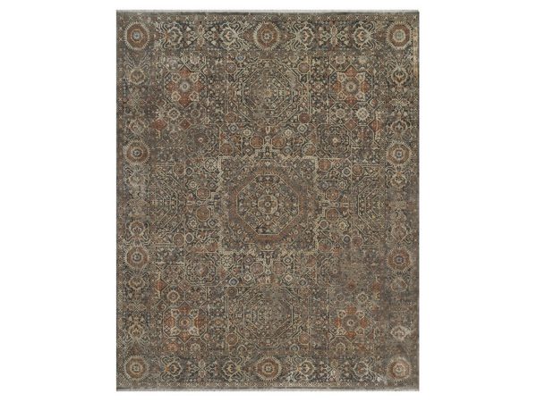 8'x9'10" Ash Gray, Erased and Broken Mamluk Design, Hand Knotted, 100% Wool, Densely Woven, Oriental Rug HR92368