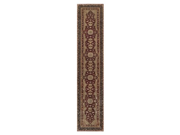 2'8"x13'2" Wine Red, Super Fine Wool and Silk, 300 KPSI, Indo Tabriz with Medallion Design, Hand Knotted, Runner, Oriental Rug HR92375