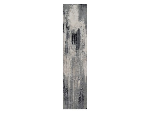 2'6"x11'10" Black with Touches of Ivory, Hand Knotted, Abstract Design, Wool and Silk, Runner, Oriental Rug HR92381