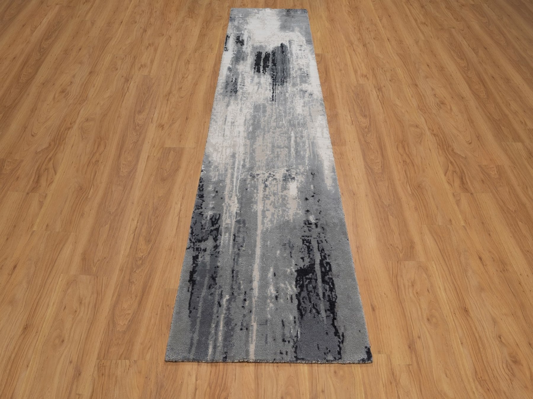 2'6"x11'10" Black with Touches of Ivory, Hand Knotted, Abstract Design, Wool and Silk, Runner, Oriental Rug HR92381 - Image 2