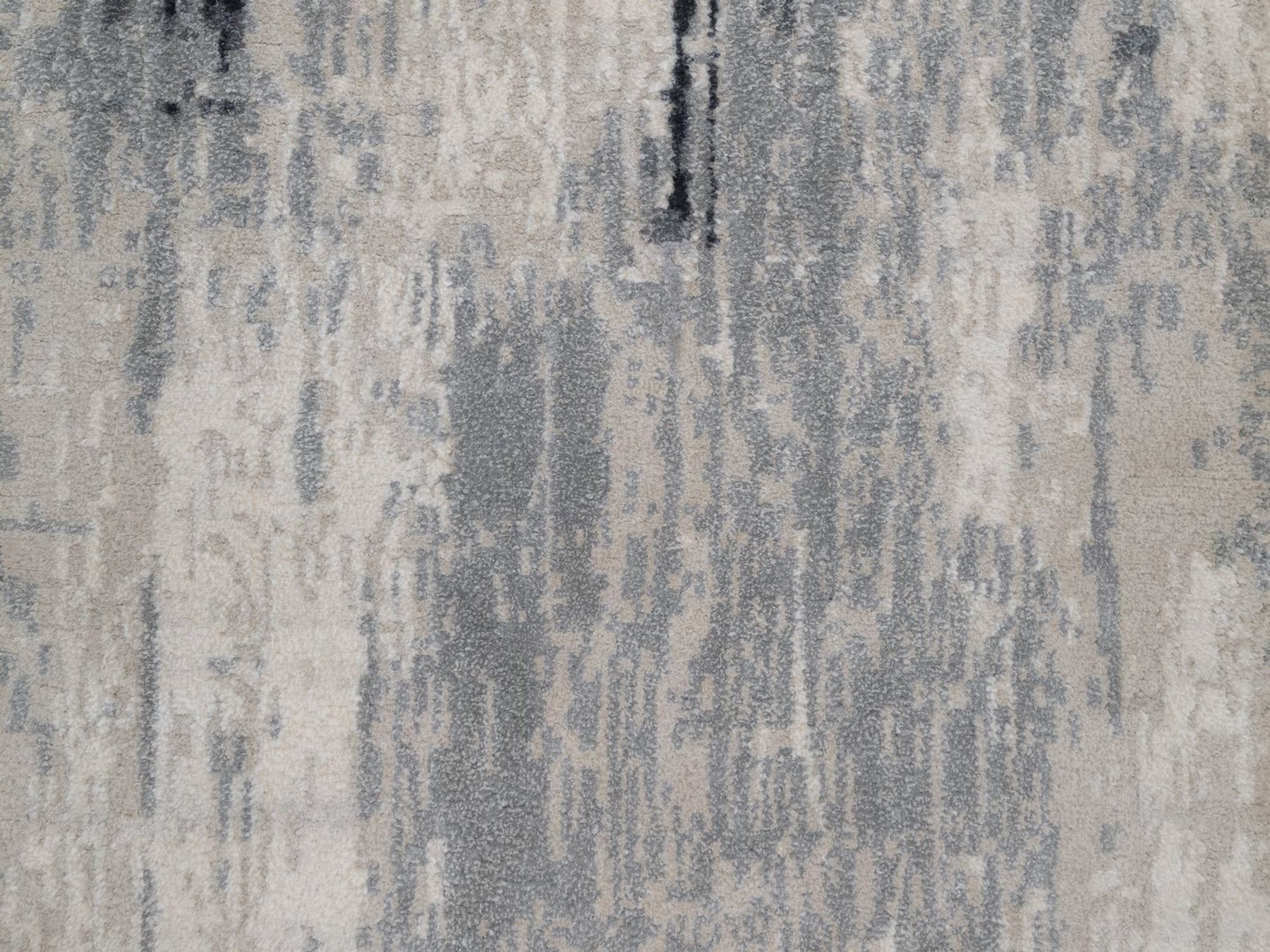 2'6"x11'10" Black with Touches of Ivory, Hand Knotted, Abstract Design, Wool and Silk, Runner, Oriental Rug HR92381 - Image 5