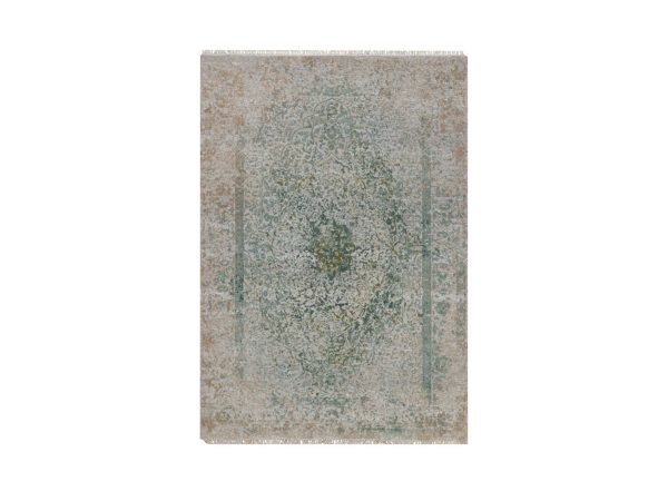 5'x7'2" Silver with Green, Persian Erased Medallion Design, Hand Knotted, Wool and Pure Silk, Oriental Rug HR92385