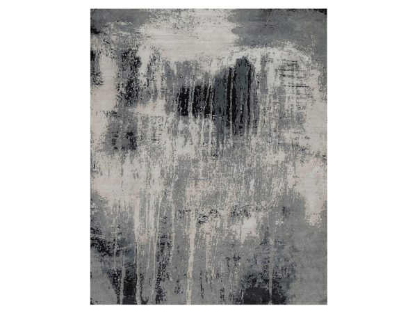 8'1"x10'1" Black with Touches of Ivory, Abstract Design, Hand Knotted, Wool and Silk, Oriental Rug HR92387