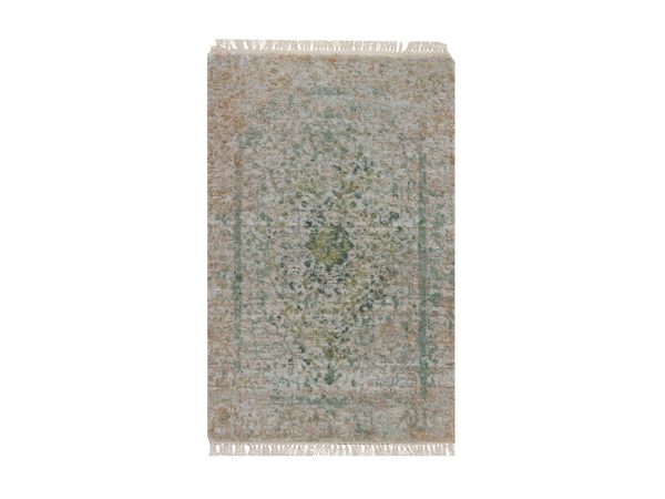 2'x3'1" Silver with Green, Hand Knotted, Persian Erased Medallion Design, Wool and Pure Silk, Sample, Mat, Oriental Rug HR92399