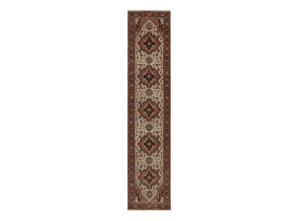 2'7"x12'1" Chiffon White, Antiqued Fine Heriz Re-Creation, Medallion Design, Denser Weave, Vegetable Dyes, Hand Spun New Zealand Wool, Hand Knotted, Runner, Oriental Rug HR92404