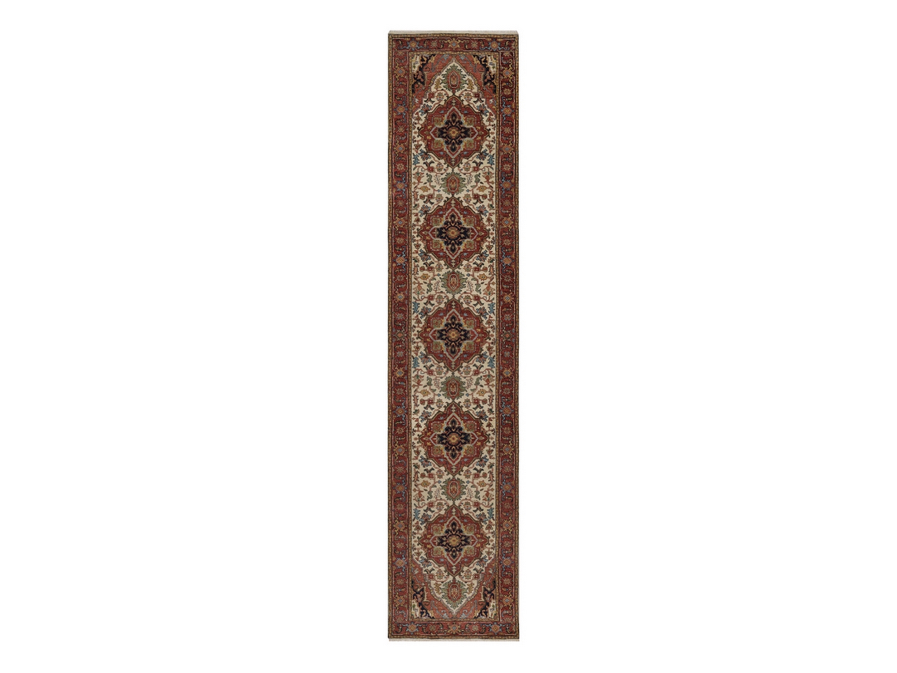 2'7"x12'1" Chiffon White, Antiqued Fine Heriz Re-Creation, Medallion Design, Denser Weave, Vegetable Dyes, Hand Spun New Zealand Wool, Hand Knotted, Runner, Oriental Rug HR92404