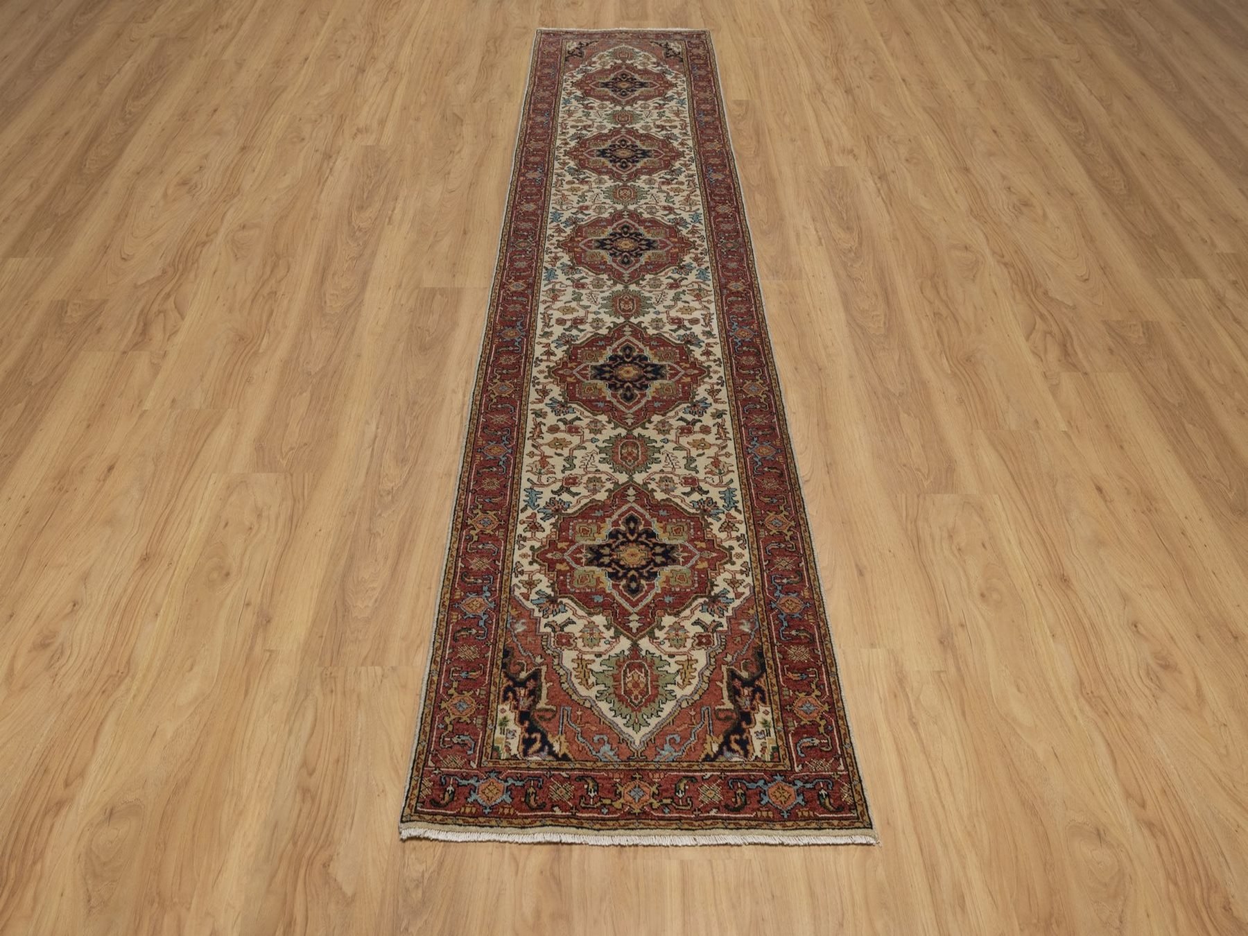 2'7"x12'1" Chiffon White, Antiqued Fine Heriz Re-Creation, Medallion Design, Denser Weave, Vegetable Dyes, Hand Spun New Zealand Wool, Hand Knotted, Runner, Oriental Rug HR92404 - Image 2