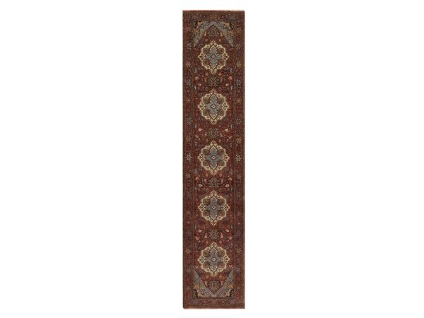 2'5"x11'10" Auburn Red, Antiqued Fine Heriz Re-Creation, Medallions Design, Hand Spun New Zealand Wool, Hand Knotted, Denser Weave, Vegetable Dyes, Runner, Oriental Rug HR92405