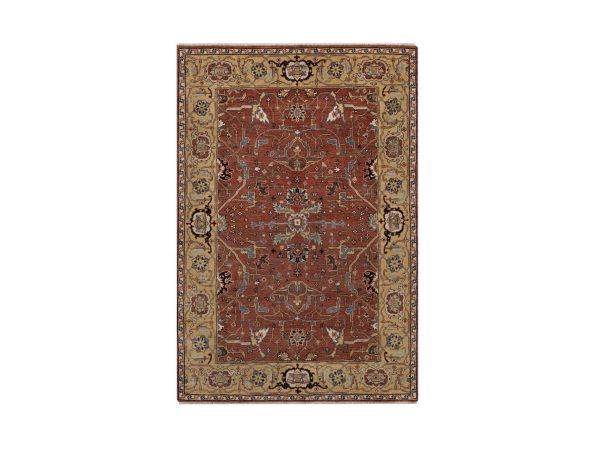 4'x6' Auburn Red, Antiqued Fine Heriz Re-Creation, All Over Design, Hand Spun New Zealand Wool, Hand Knotted, Denser Weave, Vegetable Dyes, Oriental Rug HR92414